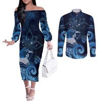 New Zealand Matariki Couples Matching Off The Shoulder Long Sleeve Dress and Long Sleeve Button Shirt Maori Tui Bird Blue Galaxy