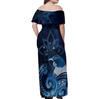 New Zealand Matariki Family Matching Off Shoulder Maxi Dress and Hawaiian Shirt Maori Tui Bird Blue Galaxy