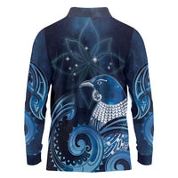 New Zealand Matariki Long Sleeve Polo Shirt Maori Tui Bird Blue Galaxy