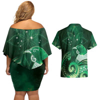 New Zealand Matariki Couples Matching Off Shoulder Short Dress and Hawaiian Shirt Maori Tui Bird Green Galaxy