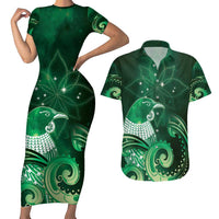 New Zealand Matariki Couples Matching Short Sleeve Bodycon Dress and Hawaiian Shirt Maori Tui Bird Green Galaxy