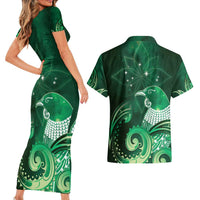 New Zealand Matariki Couples Matching Short Sleeve Bodycon Dress and Hawaiian Shirt Maori Tui Bird Green Galaxy