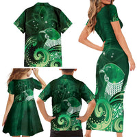 New Zealand Matariki Family Matching Short Sleeve Bodycon Dress and Hawaiian Shirt Maori Tui Bird Green Galaxy