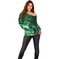 New Zealand Matariki Off Shoulder Sweater Maori Tui Bird Green Galaxy