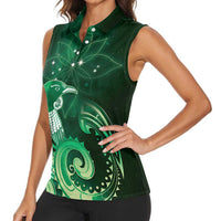 New Zealand Matariki Women Sleeveless Polo Shirt Maori Tui Bird Green Galaxy