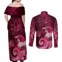 New Zealand Matariki Couples Matching Off Shoulder Maxi Dress and Long Sleeve Button Shirt Maori Tui Bird Magenta Galaxy