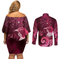New Zealand Matariki Couples Matching Off Shoulder Short Dress and Long Sleeve Button Shirt Maori Tui Bird Magenta Galaxy