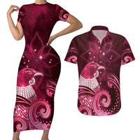 New Zealand Matariki Couples Matching Short Sleeve Bodycon Dress and Hawaiian Shirt Maori Tui Bird Magenta Galaxy