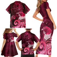 New Zealand Matariki Family Matching Short Sleeve Bodycon Dress and Hawaiian Shirt Maori Tui Bird Magenta Galaxy