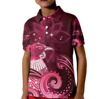 New Zealand Matariki Kid Polo Shirt Maori Tui Bird Magenta Galaxy