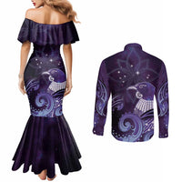 New Zealand Matariki Couples Matching Mermaid Dress and Long Sleeve Button Shirt Maori Tui Bird Purple Galaxy