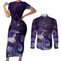 New Zealand Matariki Couples Matching Short Sleeve Bodycon Dress and Long Sleeve Button Shirt Maori Tui Bird Purple Galaxy