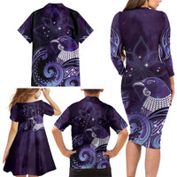 New Zealand Matariki Family Matching Long Sleeve Bodycon Dress and Hawaiian Shirt Maori Tui Bird Purple Galaxy