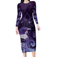 New Zealand Matariki Family Matching Long Sleeve Bodycon Dress and Hawaiian Shirt Maori Tui Bird Purple Galaxy