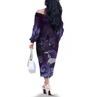 New Zealand Matariki Family Matching Off The Shoulder Long Sleeve Dress and Hawaiian Shirt Maori Tui Bird Purple Galaxy