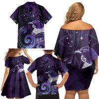 New Zealand Matariki Family Matching Off Shoulder Short Dress and Hawaiian Shirt Maori Tui Bird Purple Galaxy