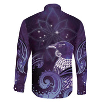 New Zealand Matariki Family Matching Off Shoulder Short Dress and Hawaiian Shirt Maori Tui Bird Purple Galaxy