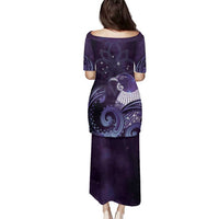 New Zealand Matariki Family Matching Puletasi and Hawaiian Shirt Maori Tui Bird Purple Galaxy