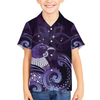 New Zealand Matariki Family Matching Puletasi and Hawaiian Shirt Maori Tui Bird Purple Galaxy