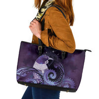 New Zealand Matariki Leather Tote Bag Maori Tui Bird Purple Galaxy