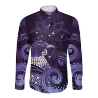 New Zealand Matariki Long Sleeve Button Shirt Maori Tui Bird Purple Galaxy