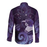 New Zealand Matariki Long Sleeve Button Shirt Maori Tui Bird Purple Galaxy