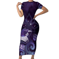 New Zealand Matariki Short Sleeve Bodycon Dress Maori Tui Bird Purple Galaxy