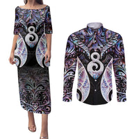 New Zealand Aotearoa Couples Matching Puletasi and Long Sleeve Button Shirt Pikorua Single Twist Pink Paua Shell