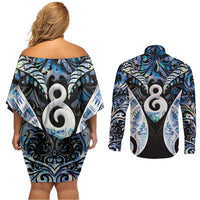 New Zealand Aotearoa Couples Matching Off Shoulder Short Dress and Long Sleeve Button Shirt Pikorua Single Twist Green Paua Shell DT05 - Polynesian Pride