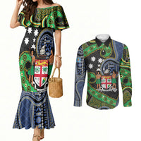 South Sea Islanders And Fiji Couples Matching Mermaid Dress and Long Sleeve Button Shirt Fijian Coat Of Arms And Southern Cross DT05 Black - Polynesian Pride