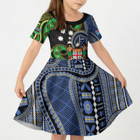South Sea Islanders And Fiji Kid Short Sleeve Dress Fijian Coat Of Arms And Southern Cross DT05 KID Black - Polynesian Pride