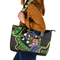 South Sea Islanders And Fiji Leather Tote Bag Fijian Coat Of Arms And Southern Cross DT05 Black - Polynesian Pride