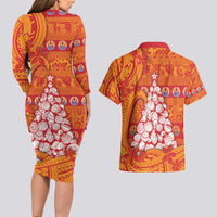 French Polynesia Christmas Couples Matching Long Sleeve Bodycon Dress and Hawaiian Shirt Seashell Xmas Tree Tribal Waves - Polynesian Pride