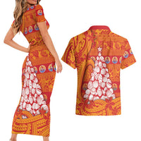 French Polynesia Christmas Couples Matching Short Sleeve Bodycon Dress and Hawaiian Shirt Seashell Xmas Tree Tribal Waves - Polynesian Pride