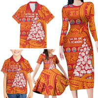 French Polynesia Christmas Family Matching Long Sleeve Bodycon Dress and Hawaiian Shirt Seashell Xmas Tree Tribal Waves - Polynesian Pride