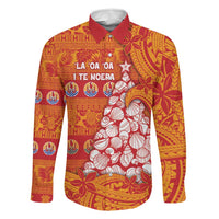 French Polynesia Christmas Family Matching Off The Shoulder Long Sleeve Dress and Hawaiian Shirt Seashell Xmas Tree Tribal Waves DT05 Dad's Shirt - Long Sleeve Orange - Polynesian Pride