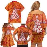 French Polynesia Christmas Family Matching Off Shoulder Short Dress and Hawaiian Shirt Seashell Xmas Tree Tribal Waves - Polynesian Pride