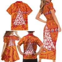 French Polynesia Christmas Family Matching Short Sleeve Bodycon Dress and Hawaiian Shirt Seashell Xmas Tree Tribal Waves - Polynesian Pride