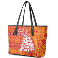 French Polynesia Christmas Leather Tote Bag Seashell Xmas Tree Tribal Waves - Polynesian Pride