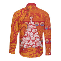 French Polynesia Christmas Long Sleeve Button Shirt Seashell Xmas Tree Tribal Waves - Polynesian Pride