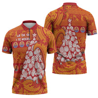 French Polynesia Christmas Zipper Polo Shirt Seashell Xmas Tree Tribal Waves - Polynesian Pride