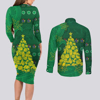 Cook Islands Christmas Couples Matching Long Sleeve Bodycon Dress and Long Sleeve Button Shirt Seashell Xmas Tree Tribal Waves - Polynesian Pride
