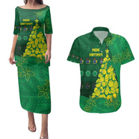 Cook Islands Christmas Couples Matching Puletasi and Hawaiian Shirt Seashell Xmas Tree Tribal Waves - Polynesian Pride