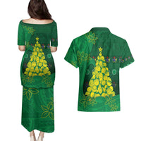 Cook Islands Christmas Couples Matching Puletasi and Hawaiian Shirt Seashell Xmas Tree Tribal Waves - Polynesian Pride