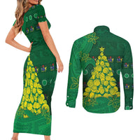 Cook Islands Christmas Couples Matching Short Sleeve Bodycon Dress and Long Sleeve Button Shirt Seashell Xmas Tree Tribal Waves - Polynesian Pride