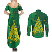 Cook Islands Christmas Couples Matching Summer Maxi Dress and Long Sleeve Button Shirt Seashell Xmas Tree Tribal Waves - Polynesian Pride