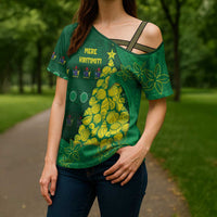 Cook Islands Christmas Cross Shoulder Shirt Seashell Xmas Tree Tribal Waves - Polynesian Pride