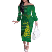 Cook Islands Christmas Family Matching Off The Shoulder Long Sleeve Dress and Hawaiian Shirt Seashell Xmas Tree Tribal Waves DT05 Mom's Dress Green - Polynesian Pride