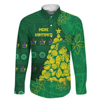 Cook Islands Christmas Family Matching Off Shoulder Maxi Dress and Hawaiian Shirt Seashell Xmas Tree Tribal Waves DT05 Dad's Shirt - Long Sleeve Green - Polynesian Pride