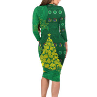 Cook Islands Christmas Long Sleeve Bodycon Dress Seashell Xmas Tree Tribal Waves - Polynesian Pride